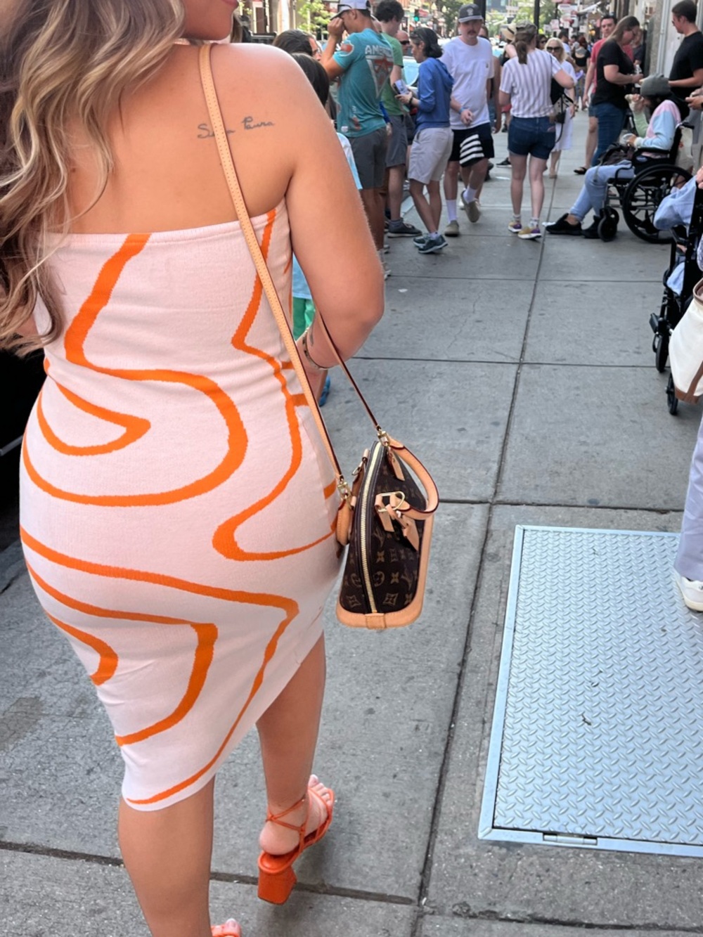 Strapless Cream Midi Dress with Orange Swirl Print from Amazon